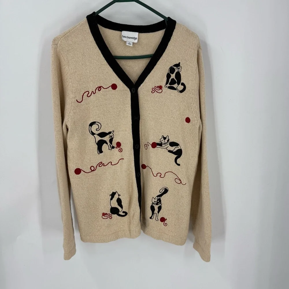 Breckenridge vintage Cardigan whimsical novelty embroidered playing Cat Design S